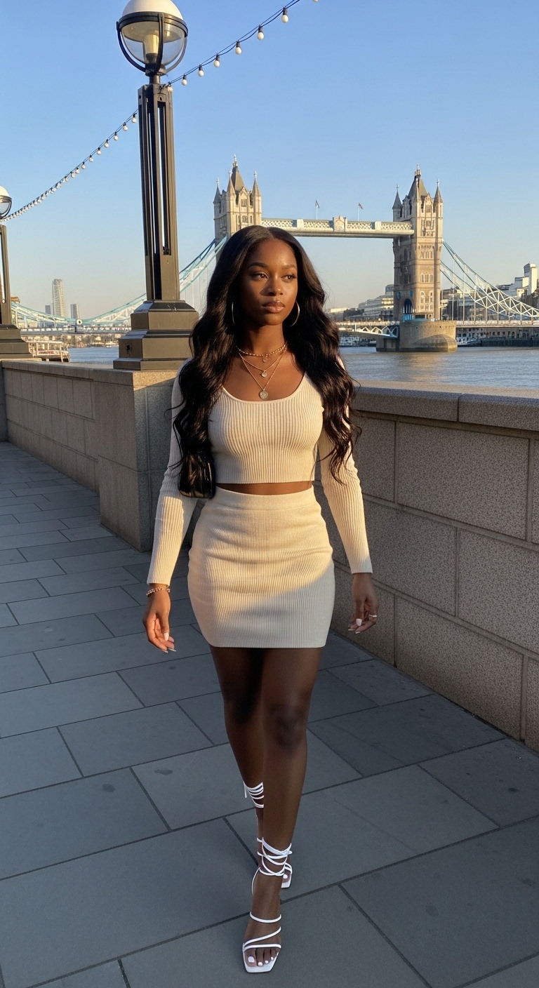 cream knit mini skirt with cream ribbed crop top