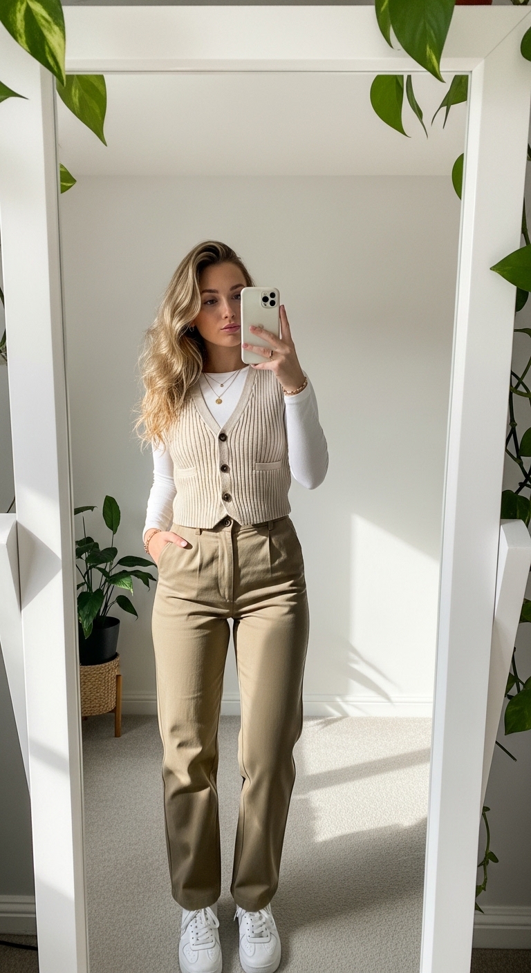 cream knit waistcoat over white long sleeve shirt with khaki trousers