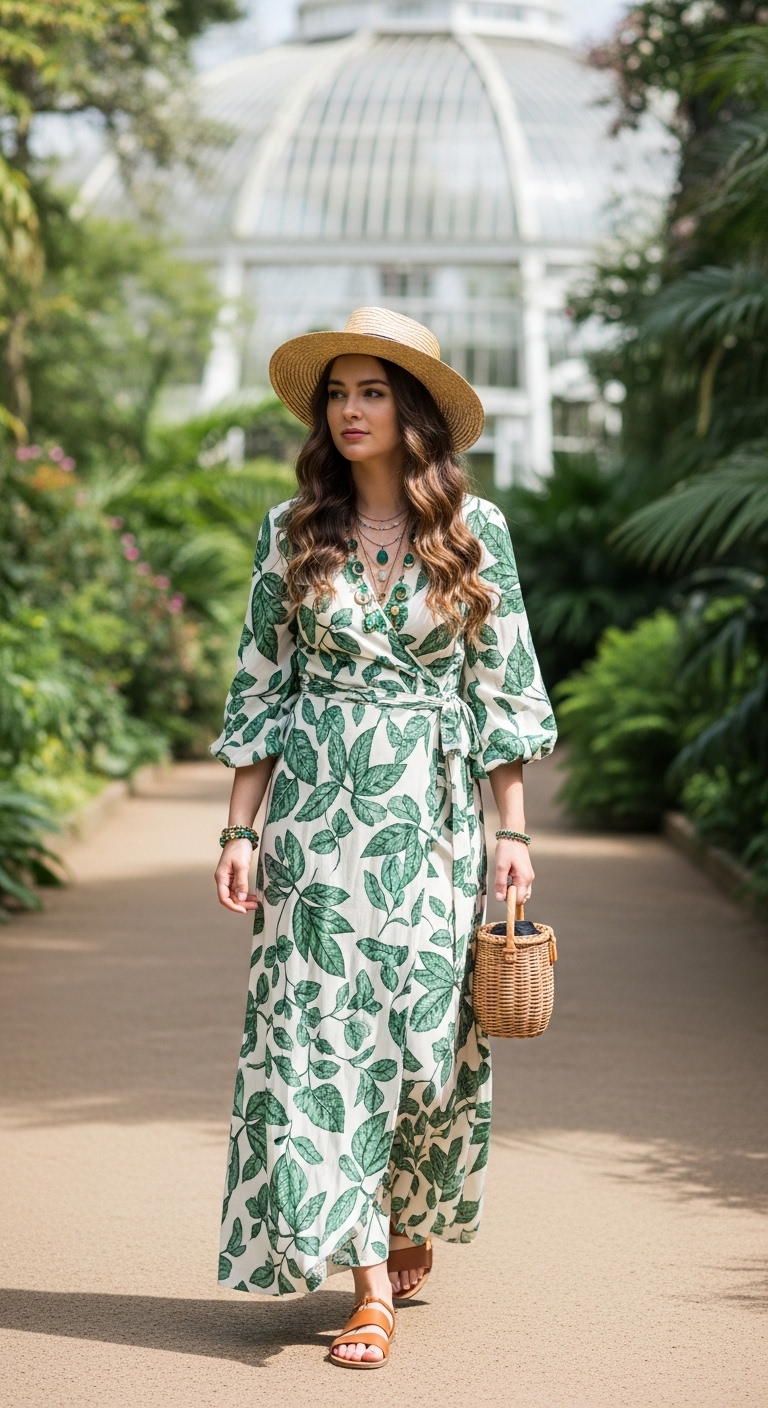 cream leaf print boho wrap maxi dress at kew gardens