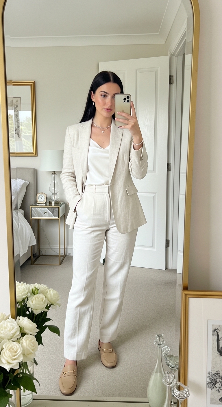 cream linen blazer and trouser suit with white silk camisole
