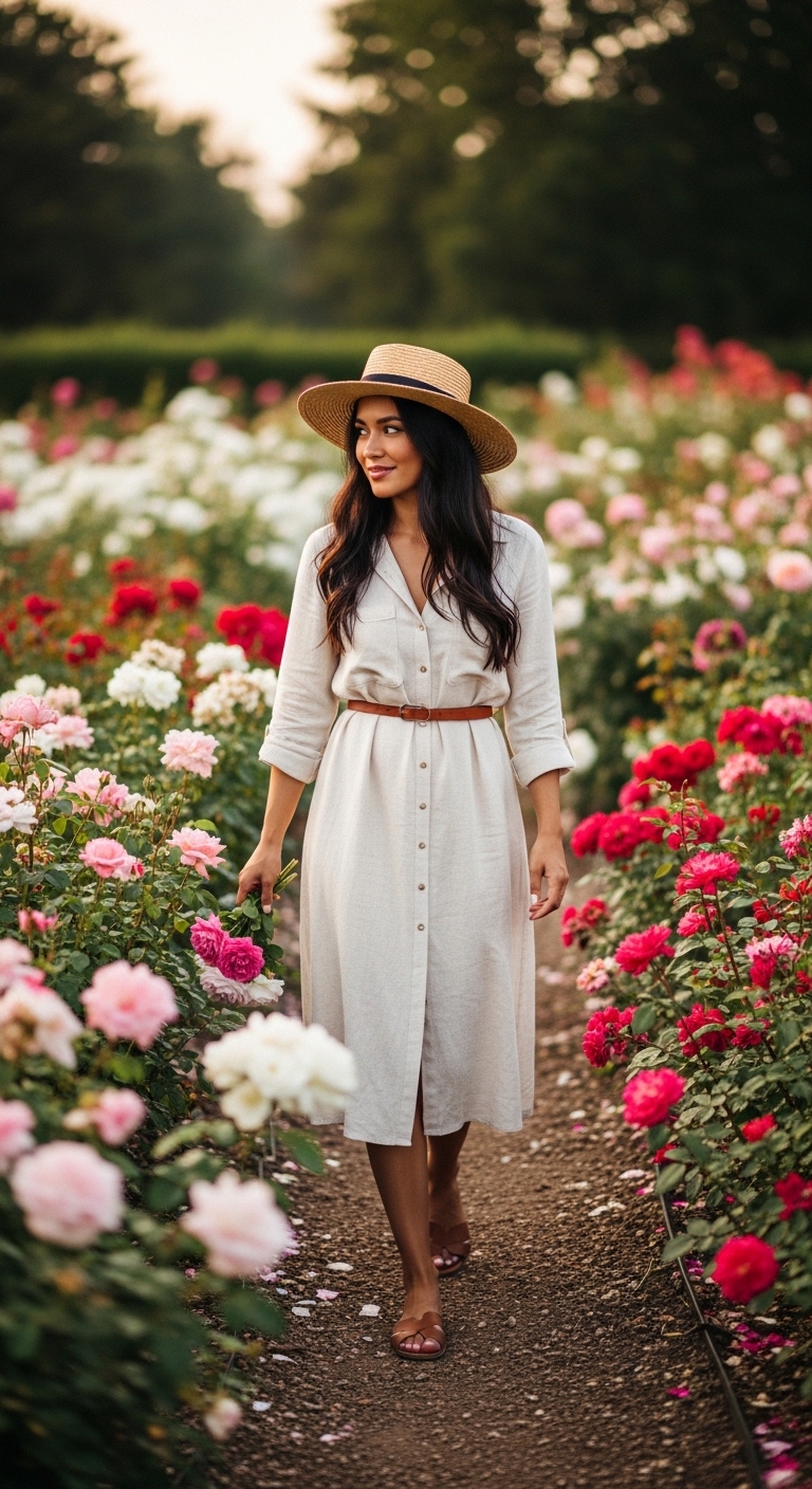 cream linen shirt dress in rose garden