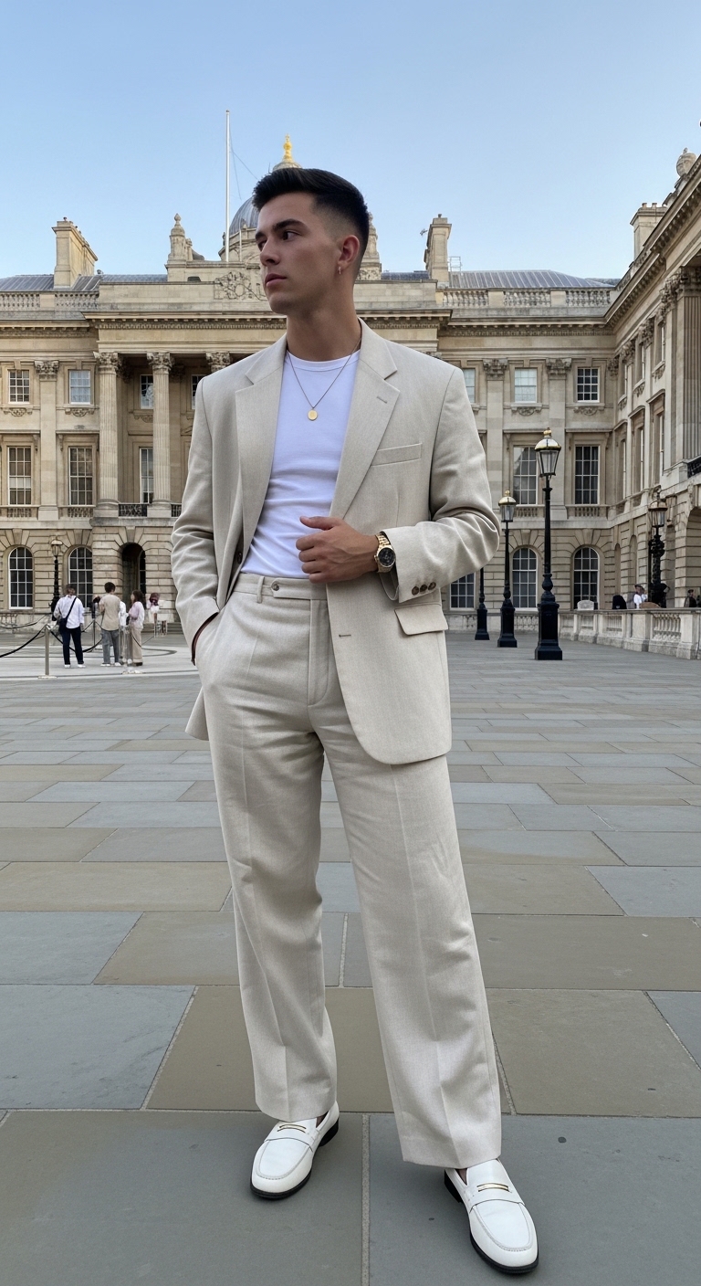 cream linen summer suit with white crew neck tee