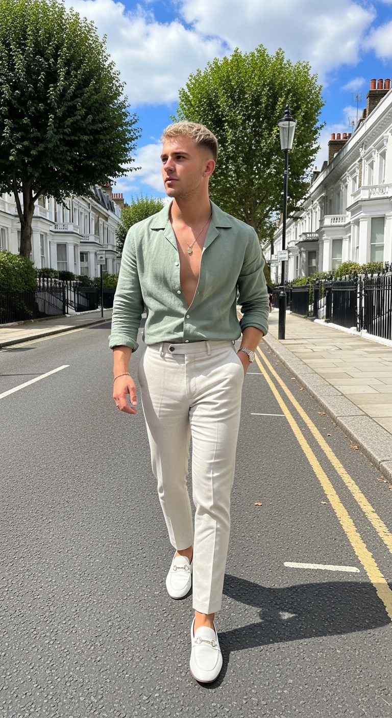 cream linen trousers with sage green camp collar shirt