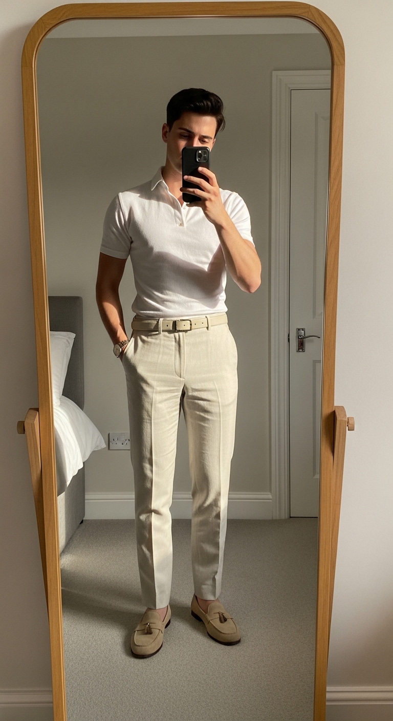 cream linen trousers with white linen short sleeve shirt tucked in