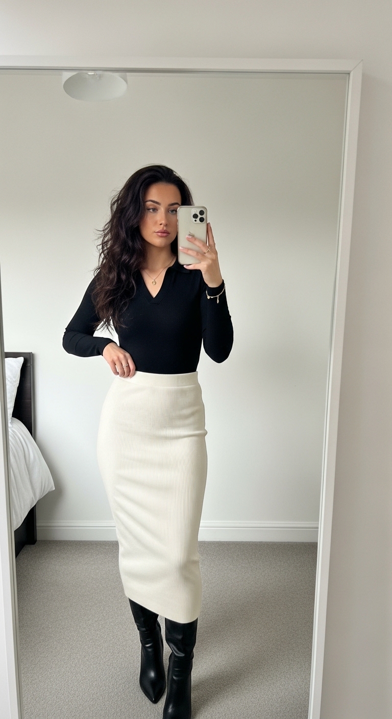 cream ribbed midi skirt with black polo neck and ankle boots