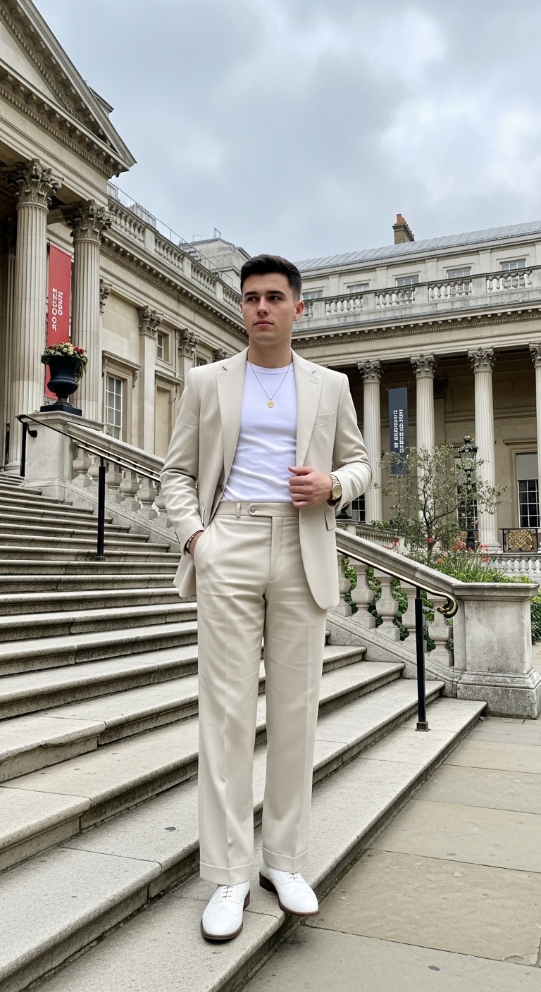 cream spring suit with white crew neck tee