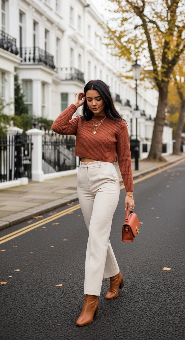 cream trousers with terracotta knit and tan ankle boots
