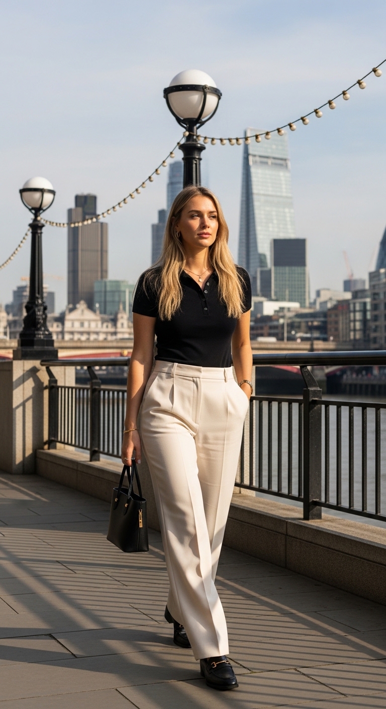 cream wide leg trousers with black polo neck