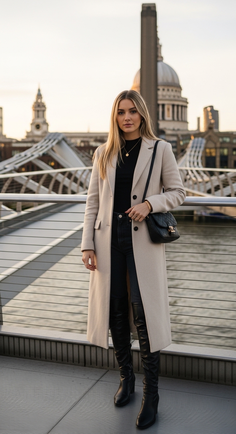 cream wool coat with black roll neck and over the knee boots