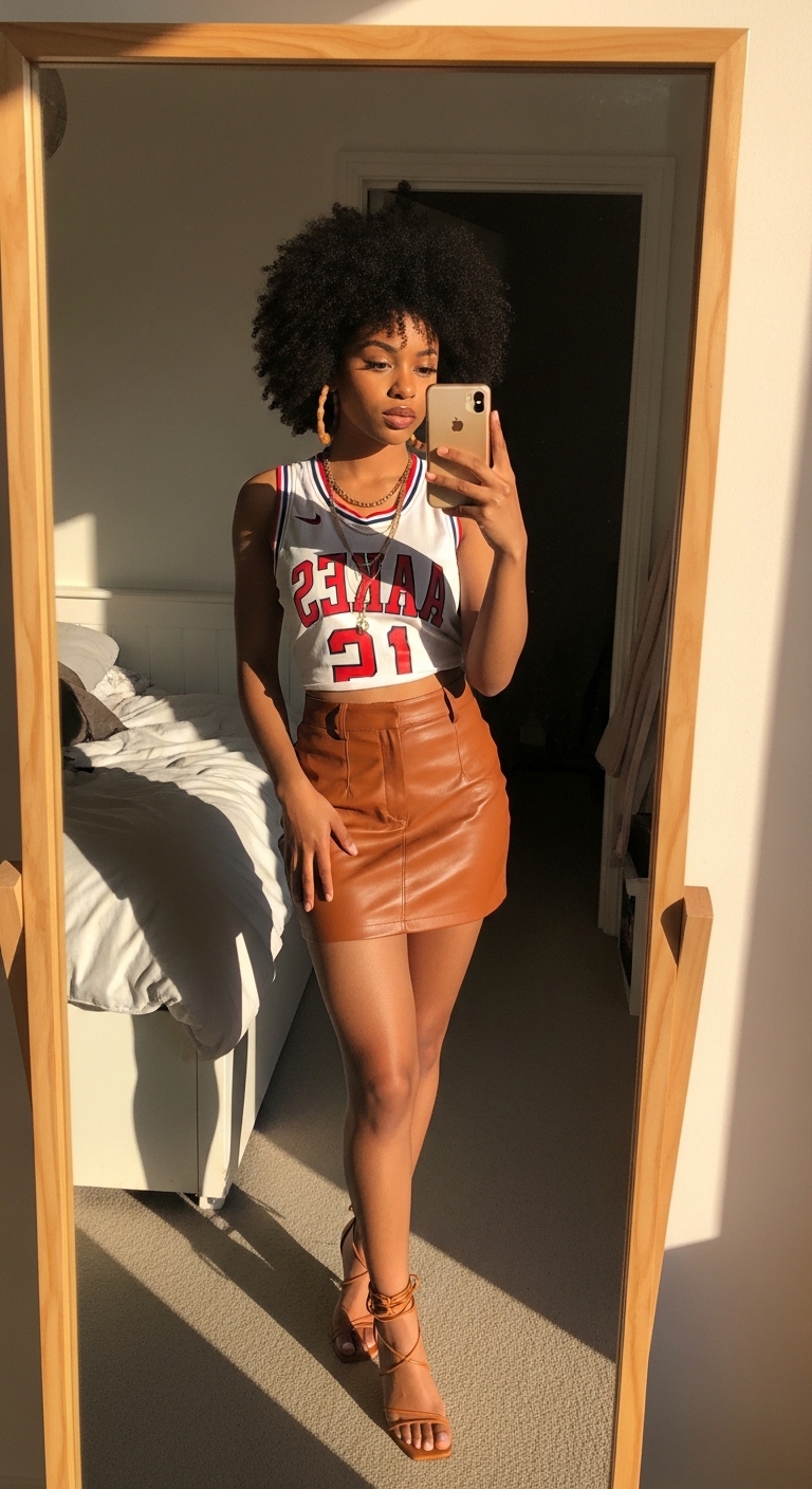 crop basketball jersey with caramel brown leather mini skirt