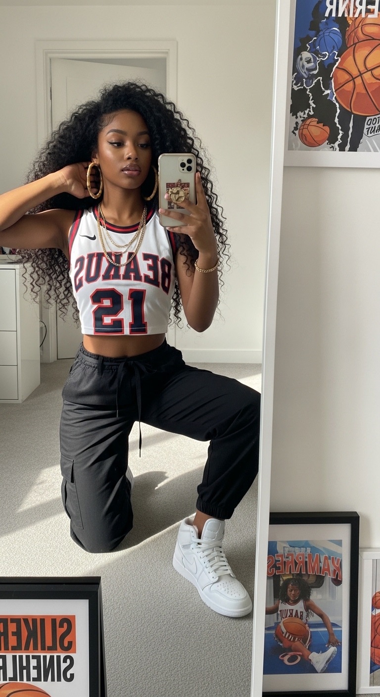 cropped basketball jersey with black cargo trousers