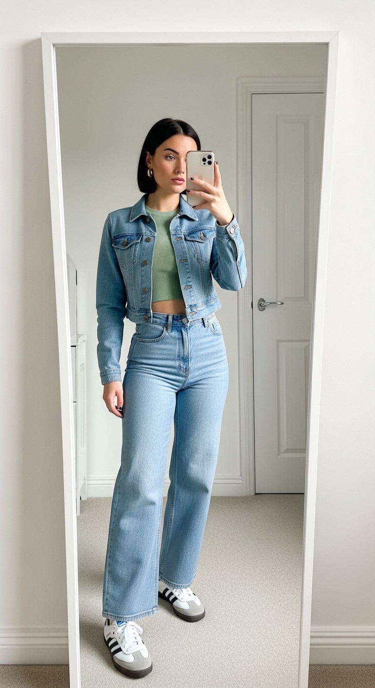 cropped denim jacket over sage green crop top with wide leg jeans