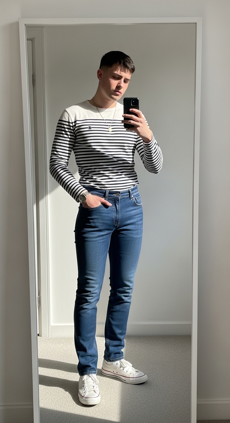 dark blue jeans with navy and white breton stripe shirt