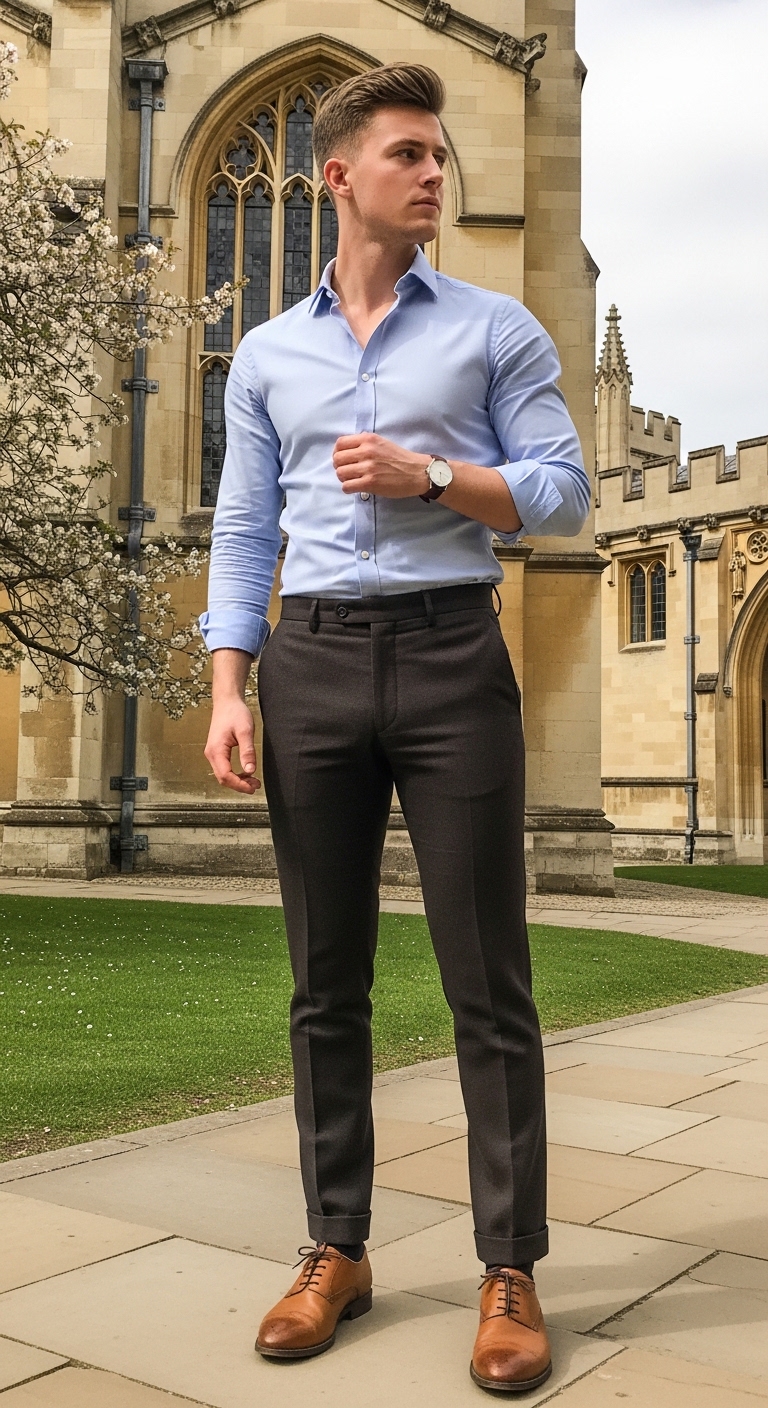 dark brown tailored trousers with light blue oxford shirt untucked