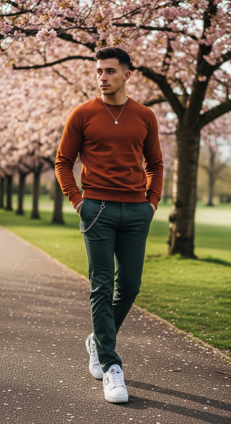 dark green chinos with rust orange crew neck sweatshirt