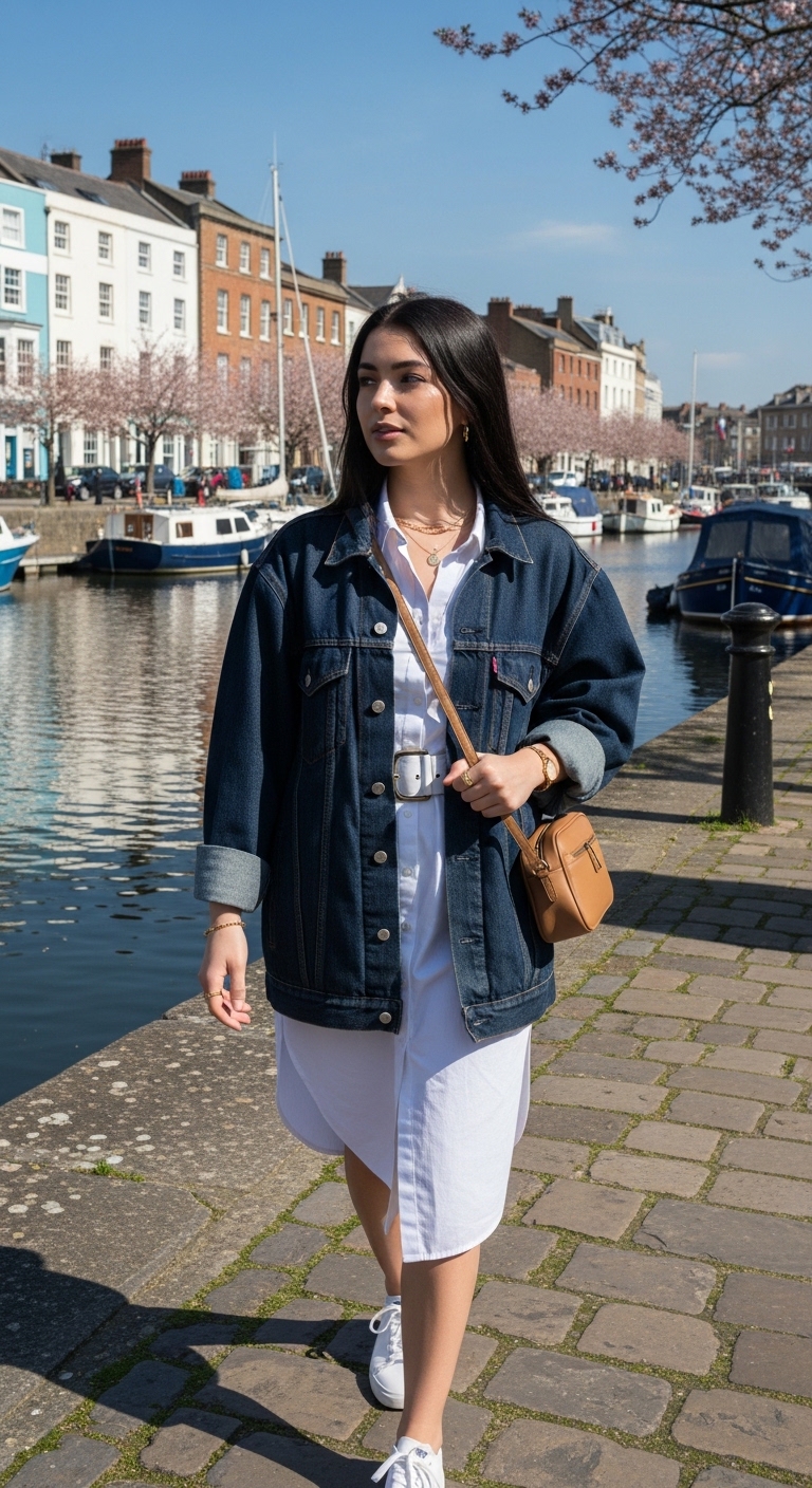 dark indigo denim jacket over belted white shirt dress