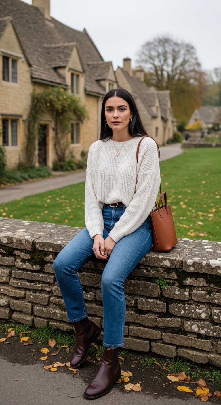 dark jeans with cream oversized knit and chelsea boots