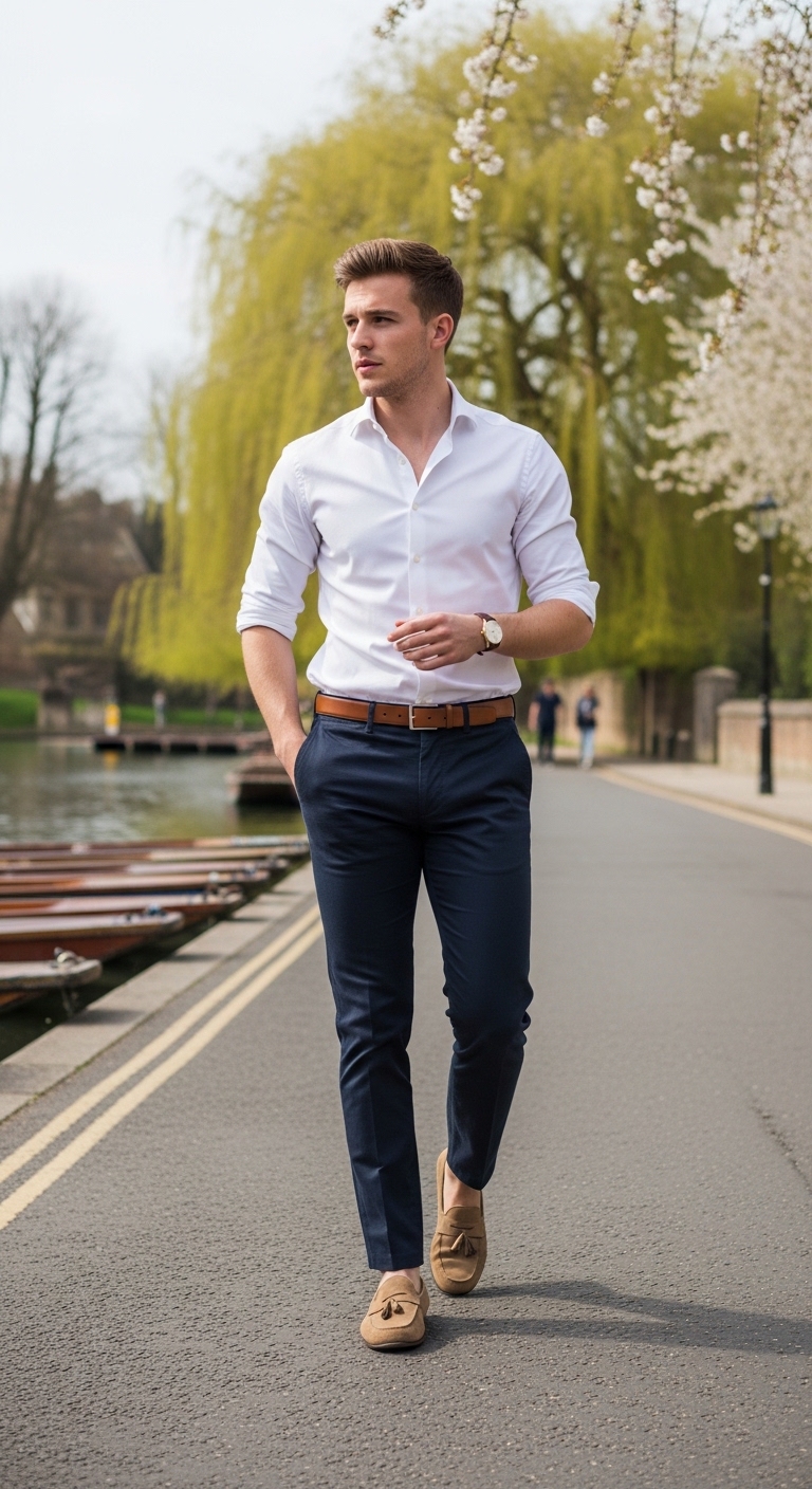 dark navy chinos with white oxford shirt and tan suede loafers
