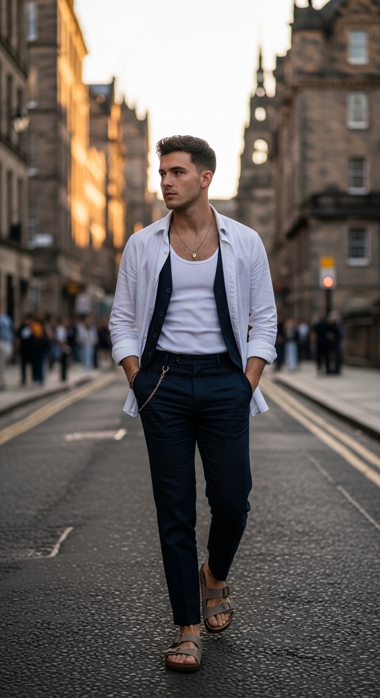 dark navy linen trousers with open white linen overshirt over white vest