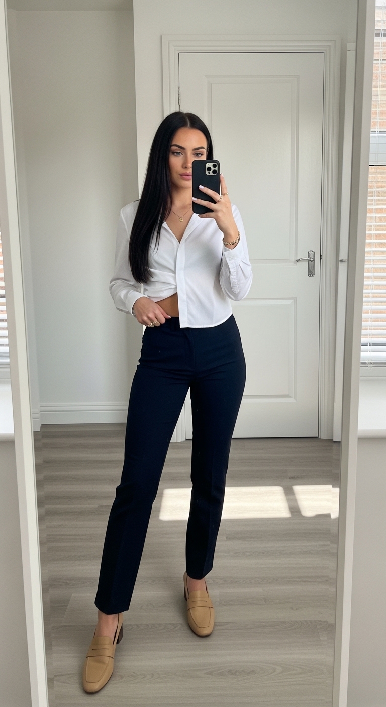 dark navy trousers with white oversized shirt half tucked