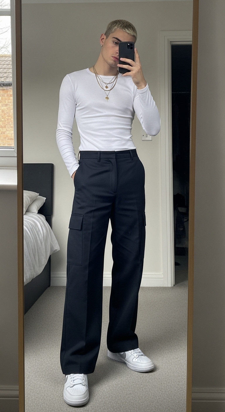 dark navy wide leg cargo trousers with white long sleeve tee