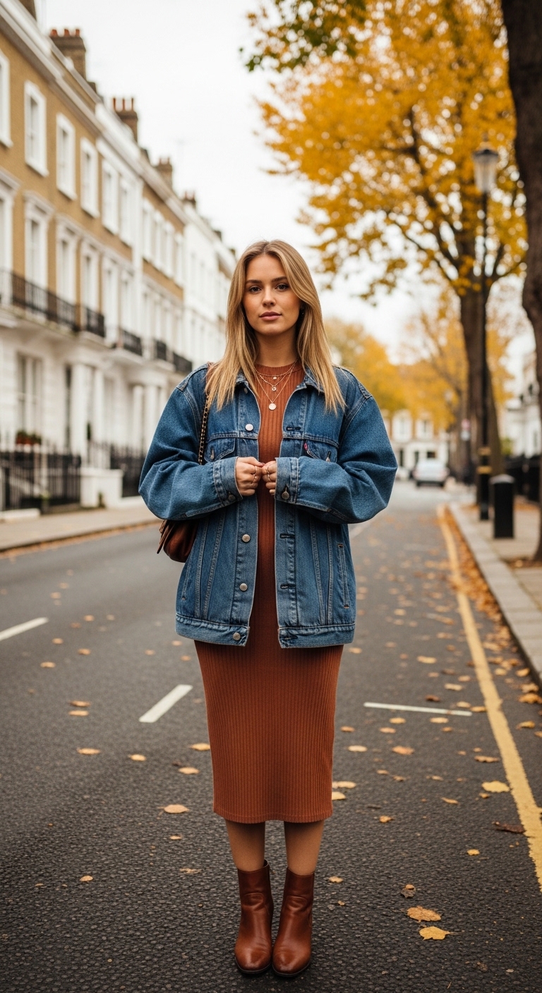 dark wash boyfriend denim jacket over terracotta midi dress