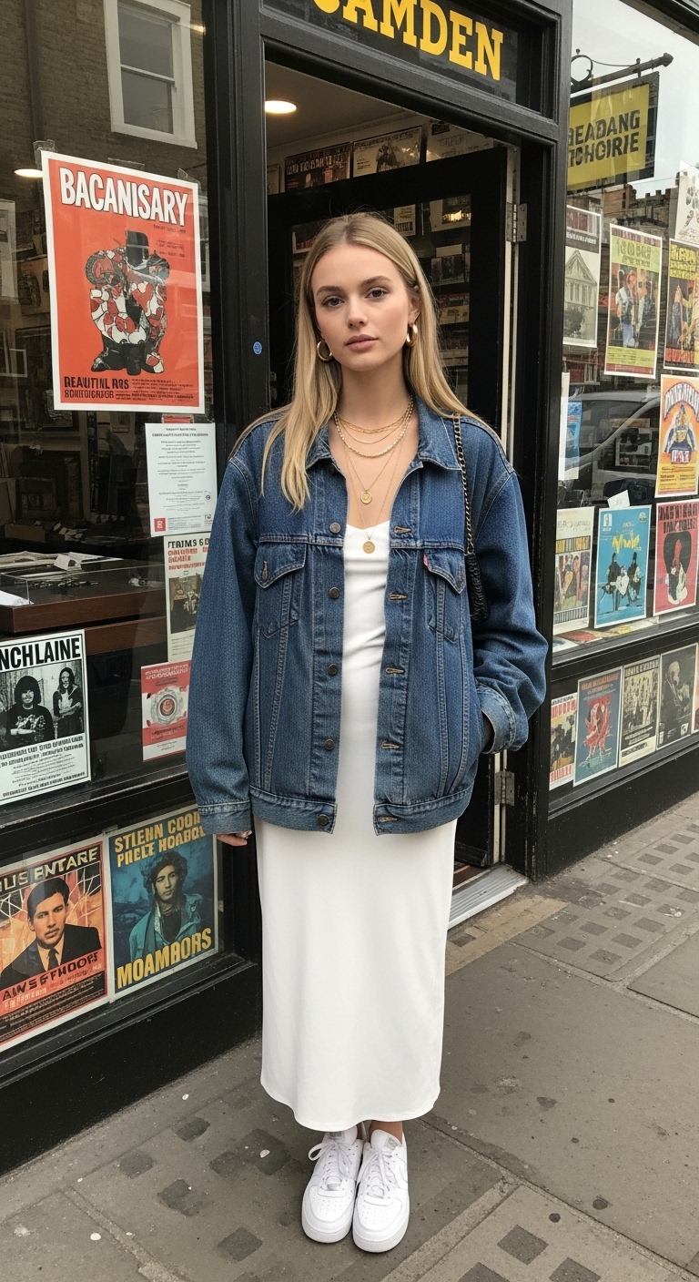 dark wash denim jacket over white midi slip dress