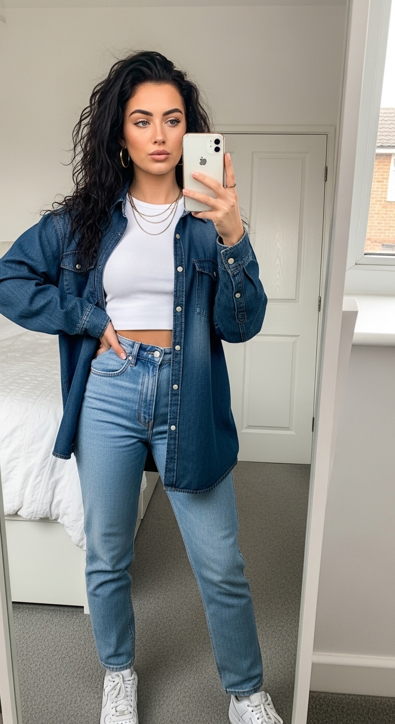 dark wash denim shirt open over white crop top with jeans