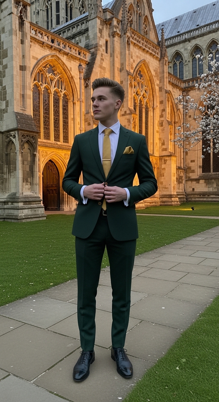 deep forest green suit white dress shirt gold tie