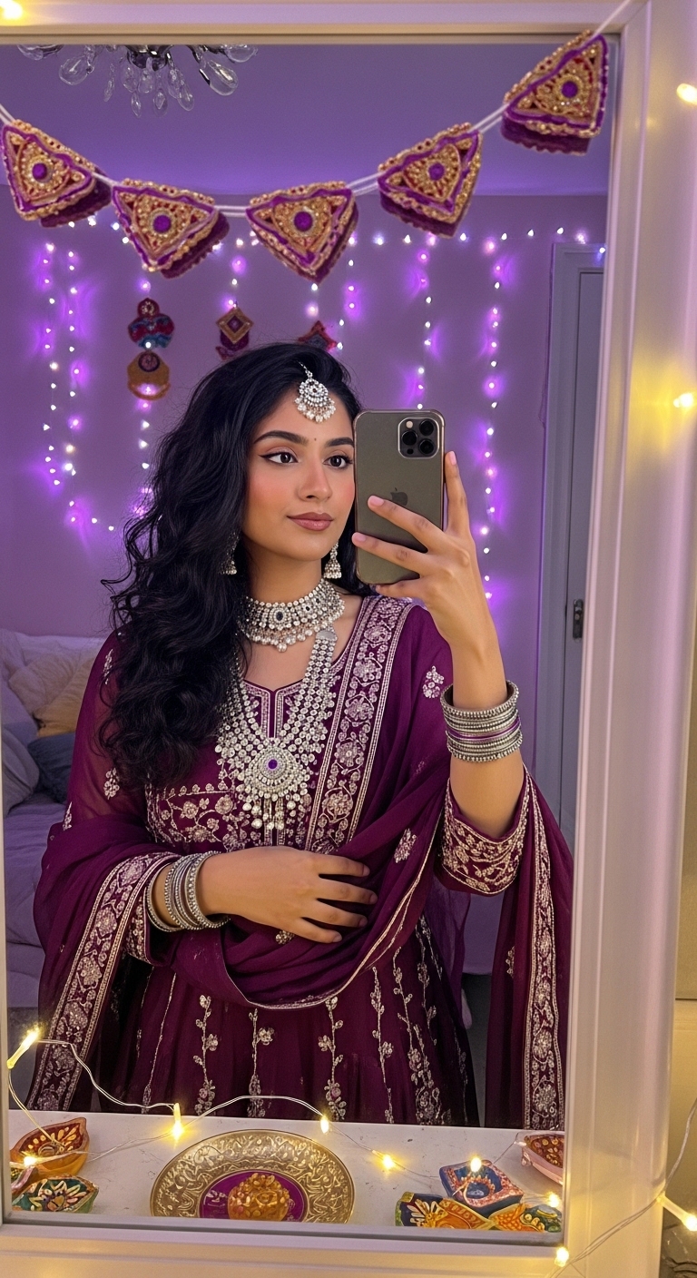 deep purple and silver embroidered sharara suit