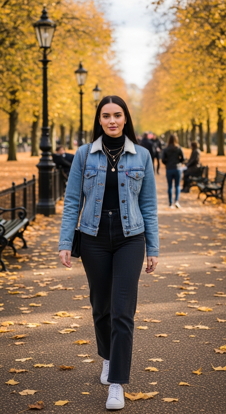 denim jacket over black turtleneck with dark jeans