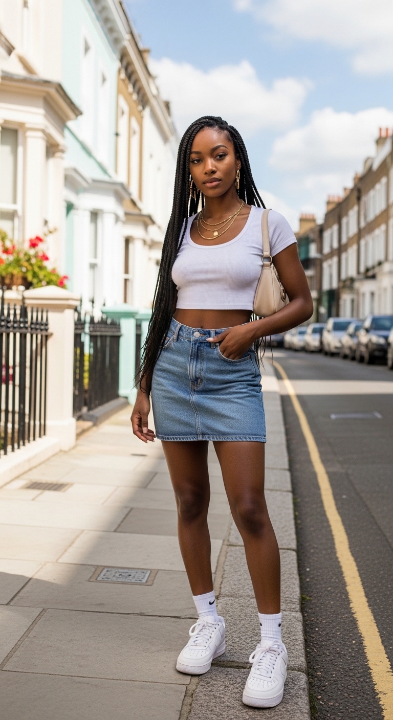 denim mini skirt with white ribbed crop top