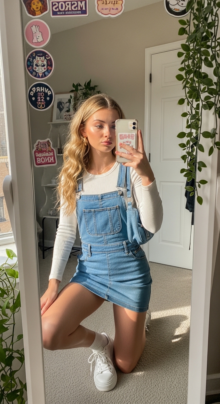 denim overall dress with white crop tee