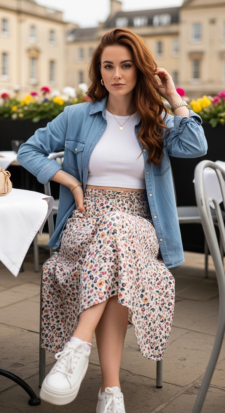 denim shirt open over floral midi skirt in bath