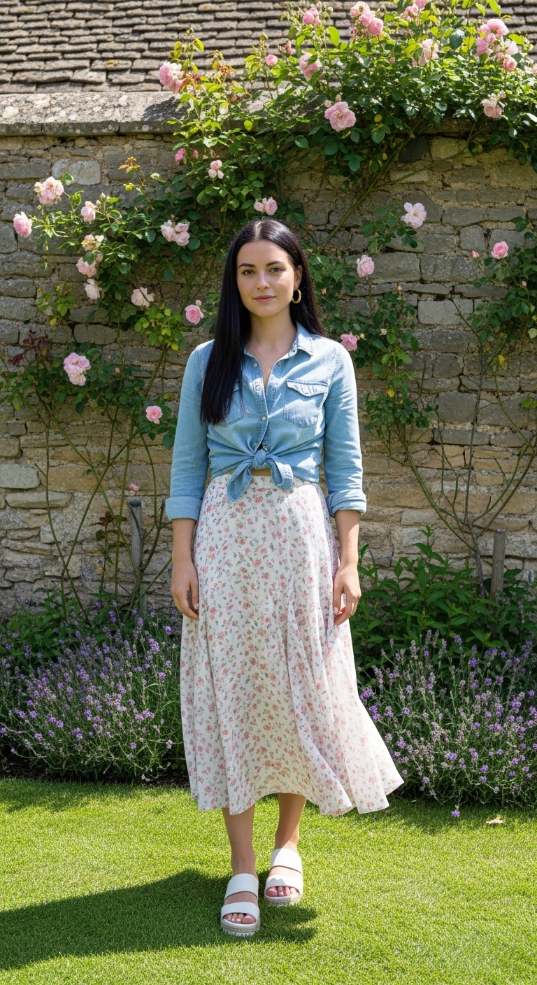 denim shirt tied over floral midi skirt
