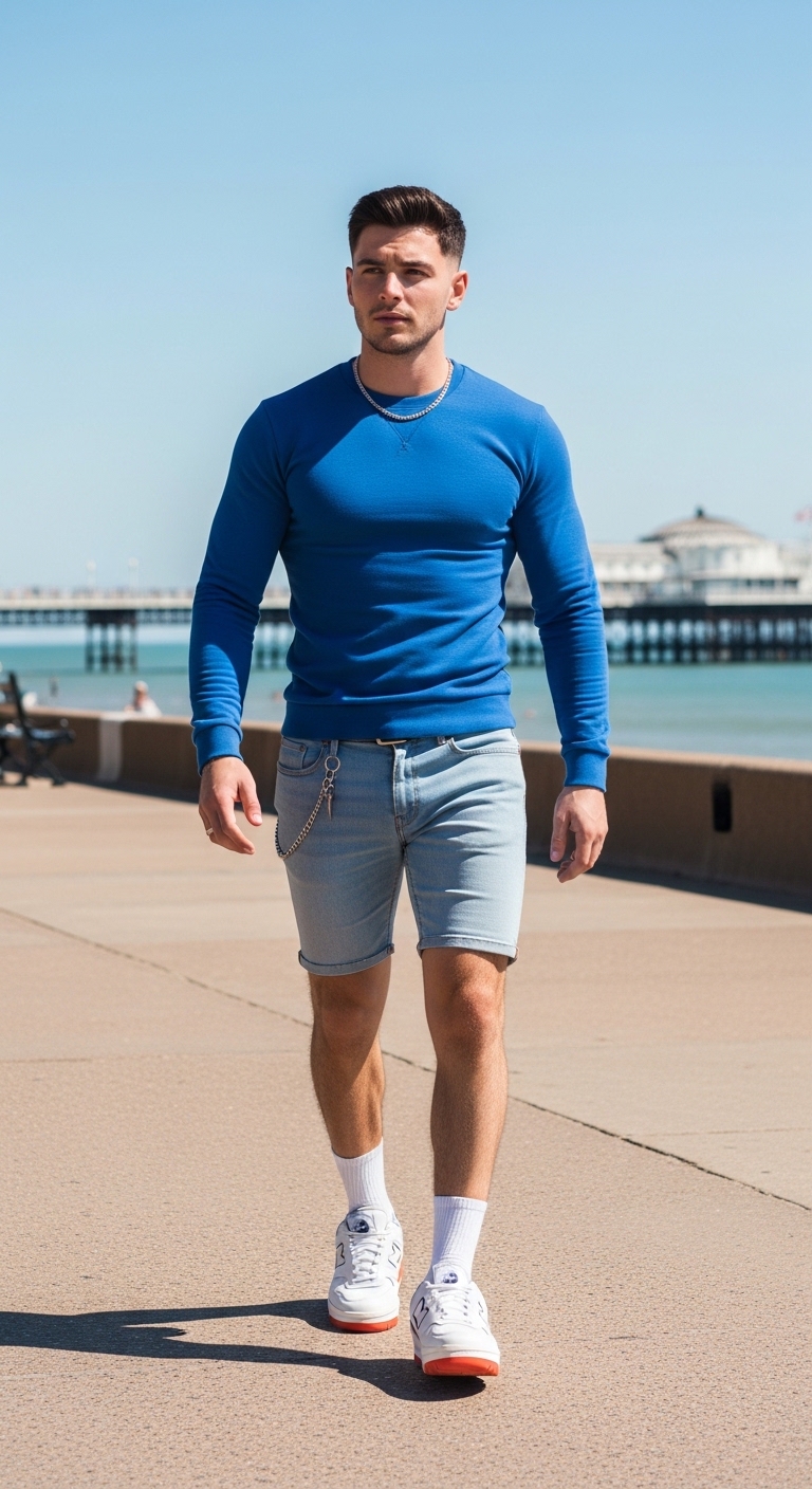 denim shorts with cobalt blue crew neck sweatshirt