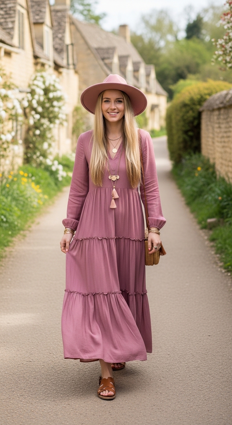 dusty mauve tiered boho maxi dress in the cotswolds