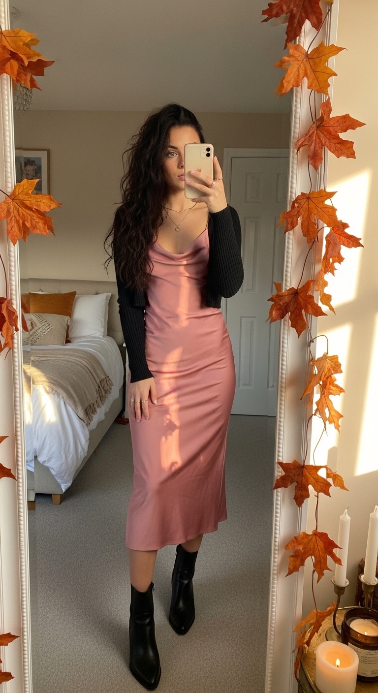 dusty pink midi slip dress with black ankle boots and black cardigan