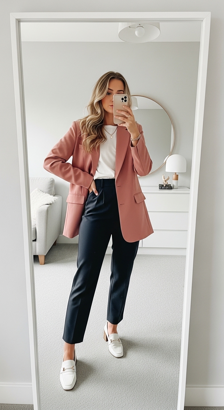 dusty pink oversized blazer with dark straight leg trousers