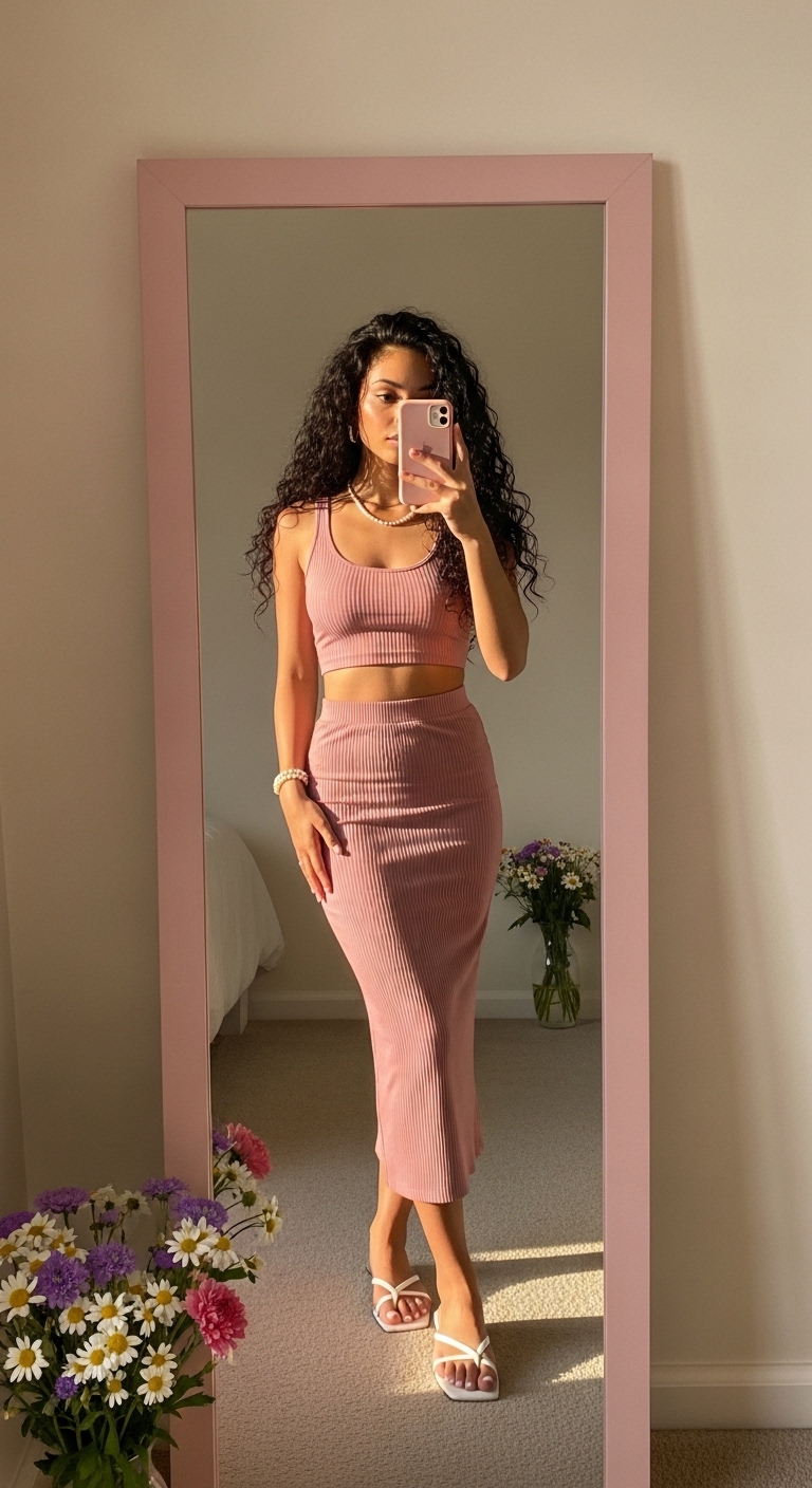 dusty pink ribbed co ord crop top and midi skirt
