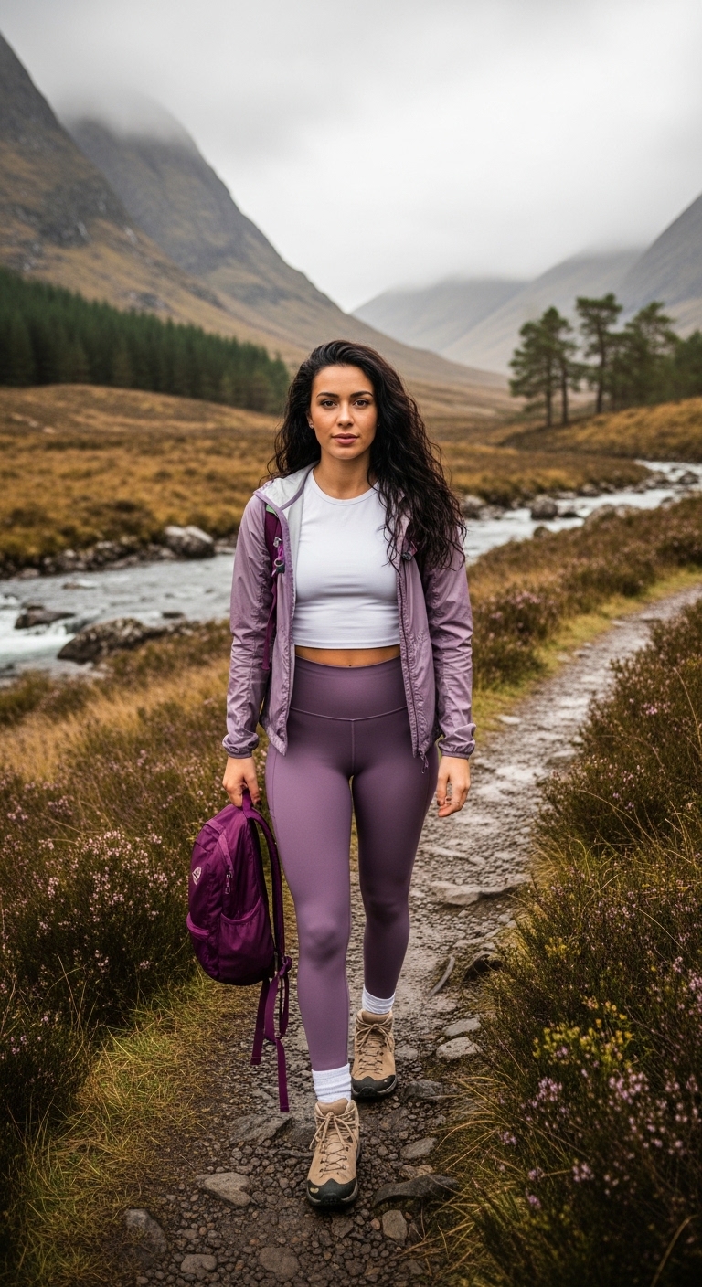 dusty purple hiking leggings with purple wind jacket