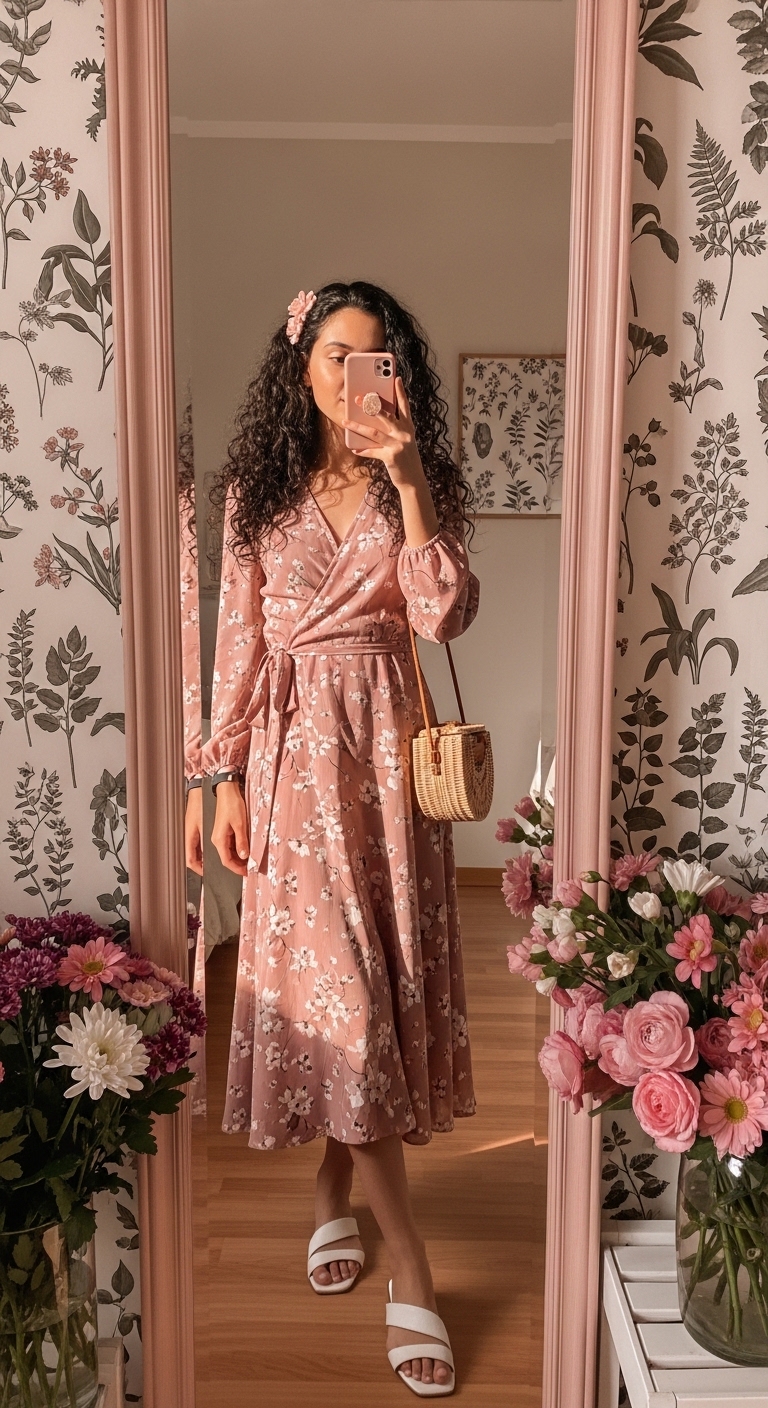 dusty rose floral wrap midi dress