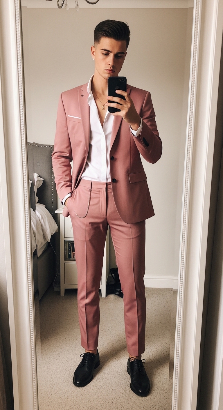 dusty rose pink suit white open collar dress shirt