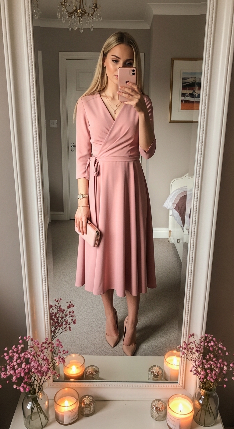 dusty rose pink wrap three quarter sleeve midi dress
