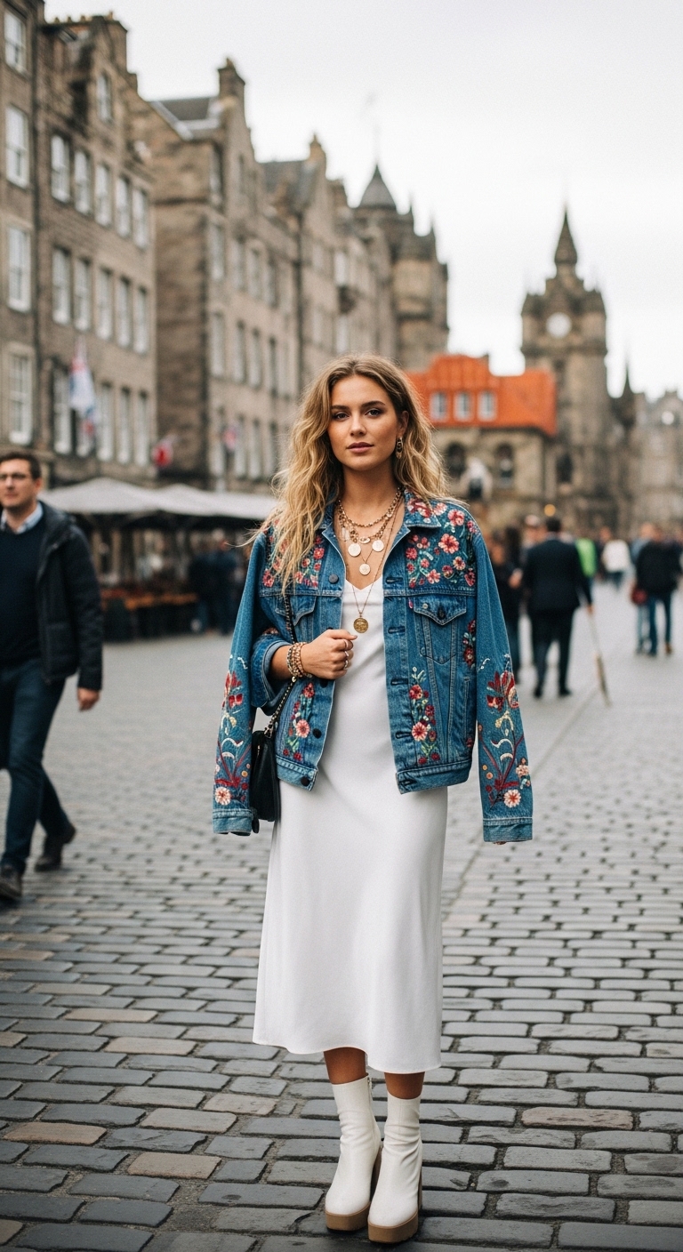 embroidered vintage denim jacket over white midi slip dress