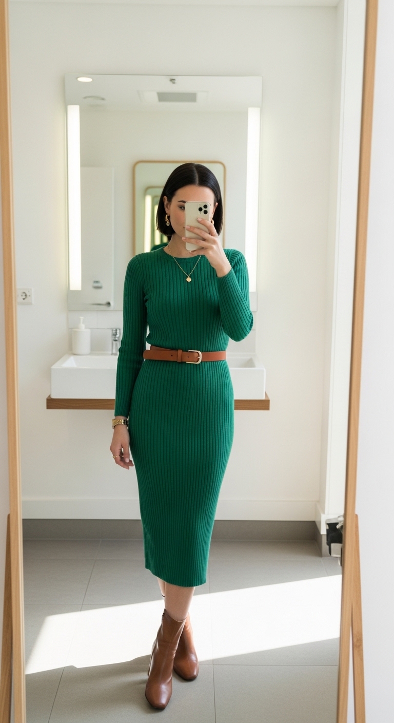 emerald green knit midi dress with brown belt