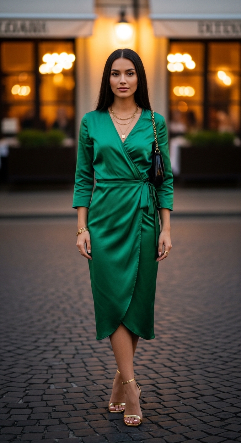 emerald green satin wrap midi dress