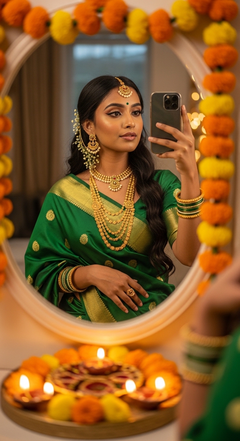 emerald green silk saree with gold border