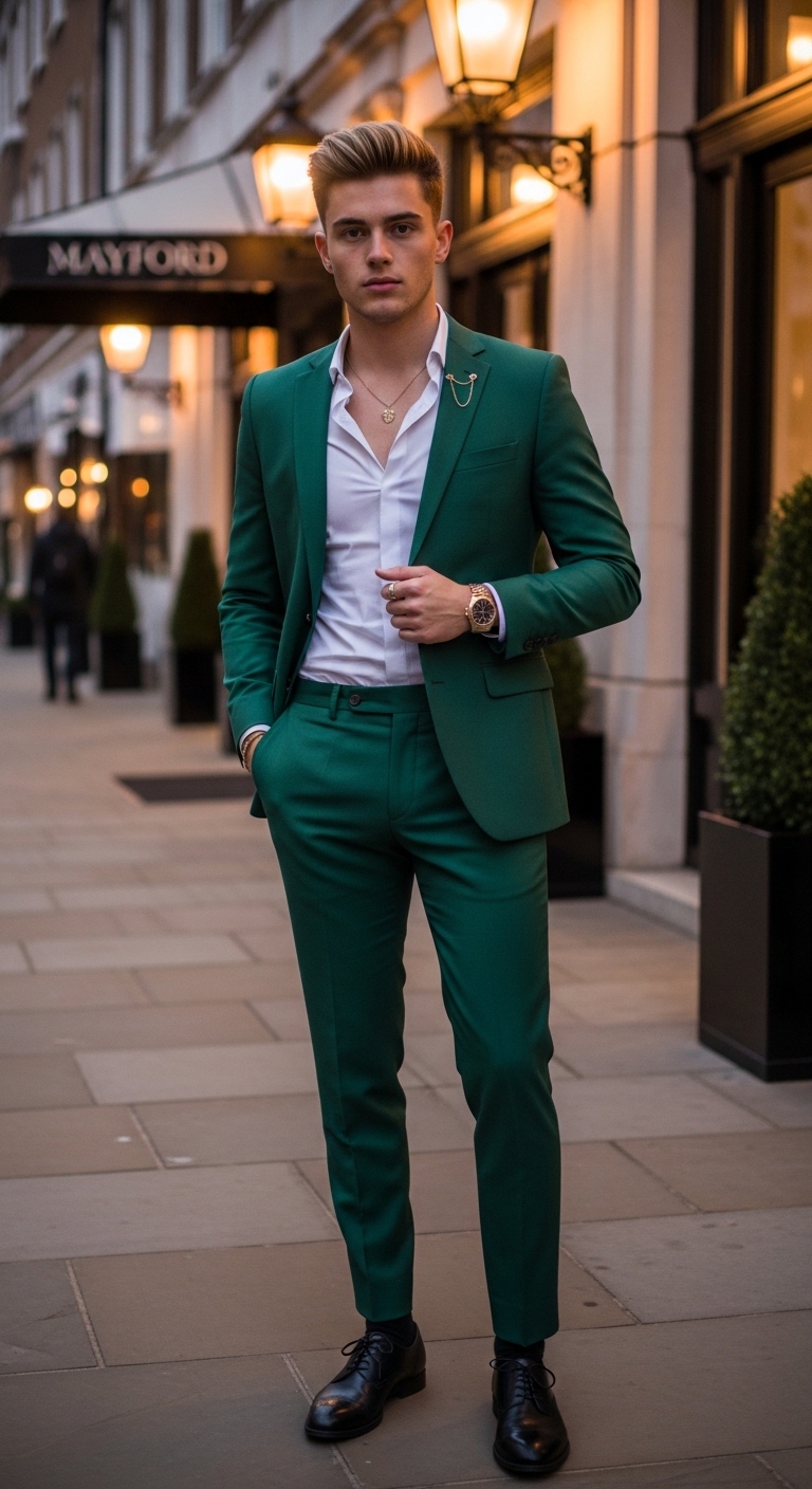 emerald green suit white open collar dress shirt