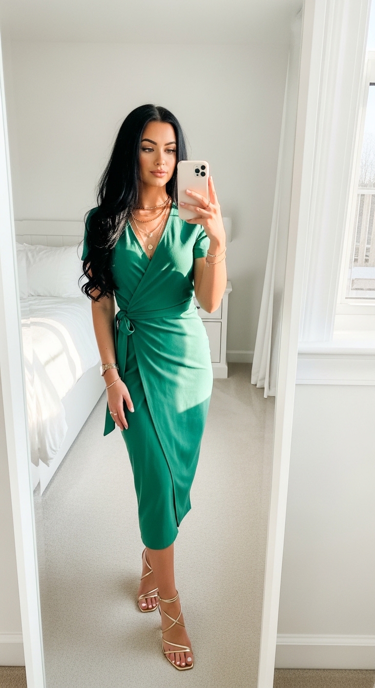 emerald green wrap midi dress